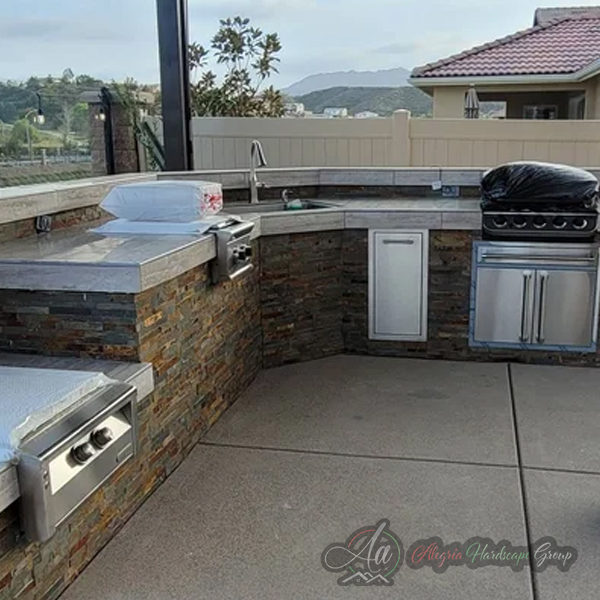 Custom outdoor living installation by Alegria Hardscape Group